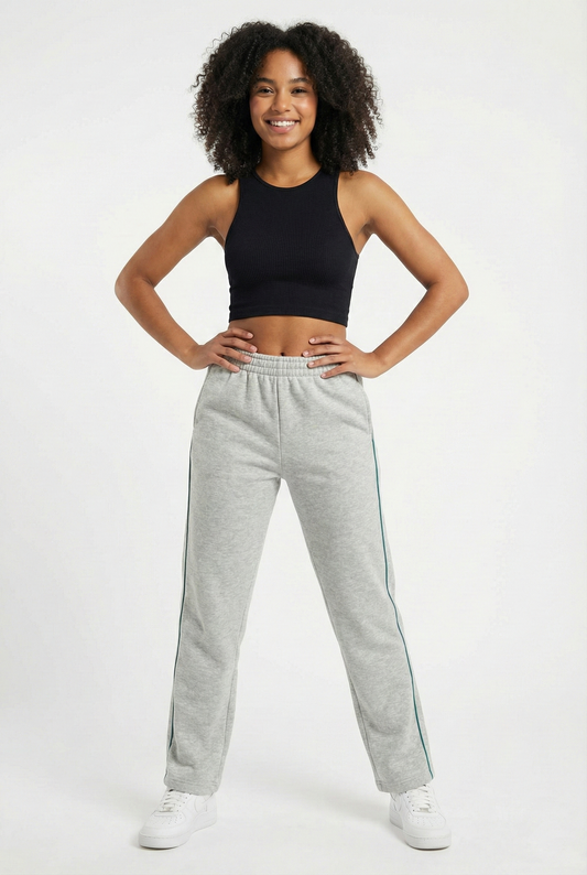 Trainingshose Grau meliert mit grünem Seitenstreifen