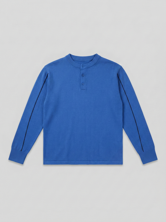 Unisex Pullover – Blau mit Knopfleiste und schwarzer Ziernaht