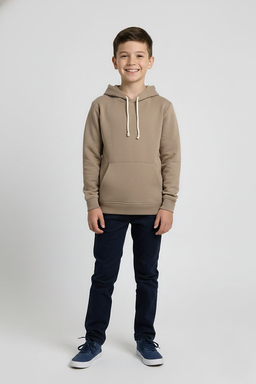Kinder Hoodie – Dunkelbeige mit Kängurutasche