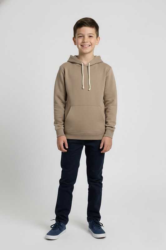 Kinder Hoodie – Dunkelbeige mit Kängurutasche