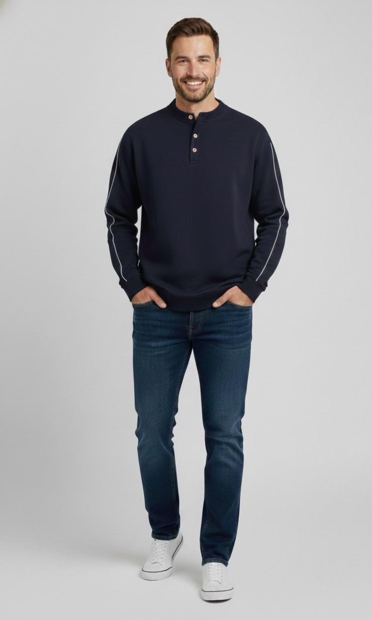 Unisex Langarmshirt – Dunkelblau mit weißen Kontraststreifen