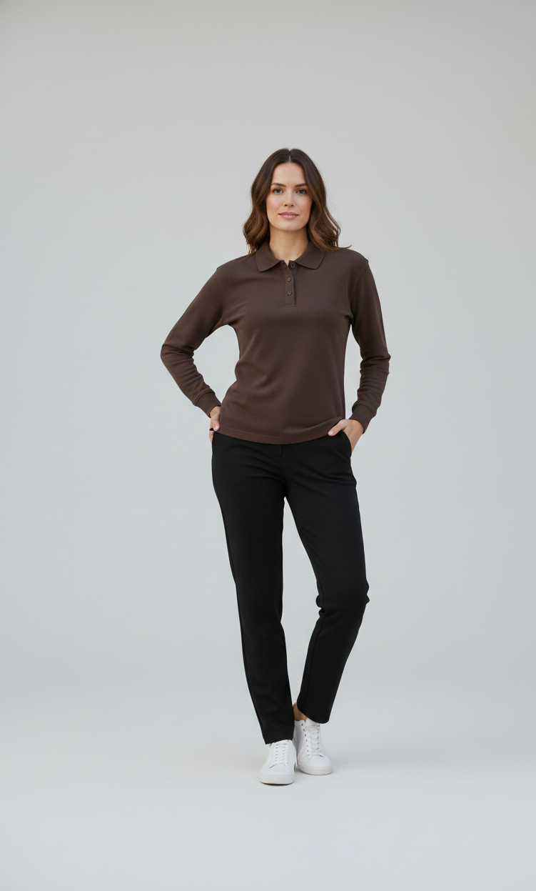 Damen Langarm Polo-Shirt – Dunkelbraun