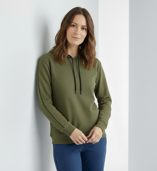 Damen Hoodie  – Olivgrün mit schwarzen Ziernähten