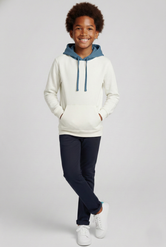 Kinder Hoodie – Weiß mit blauer Kapuze
