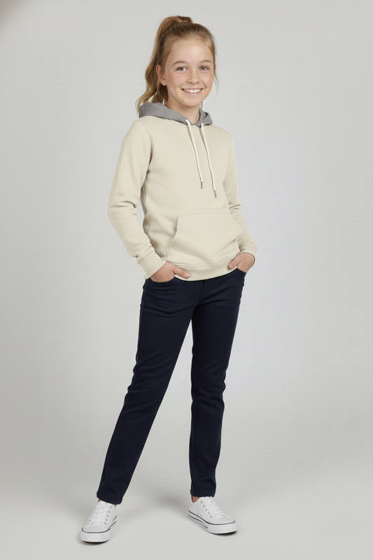 Kinder Hoodie – Weiß mit grauer Kapuze und Kängurutasche