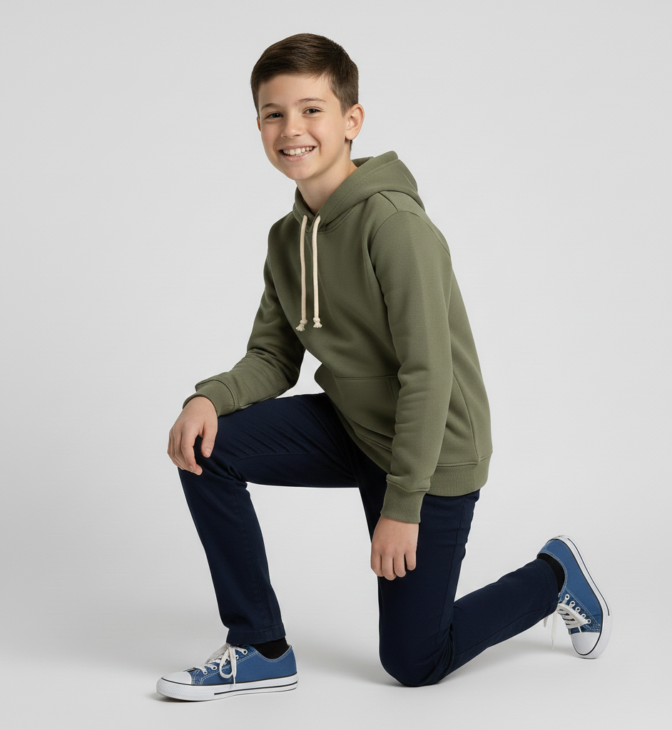 Kinder Hoodie – Khaki mit Kängurutasche