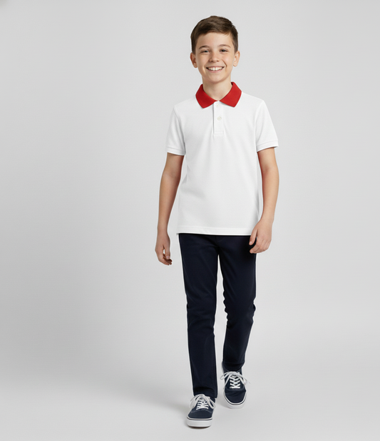 Kinder Polo-Shirt – Weiß mit rotem Kragen