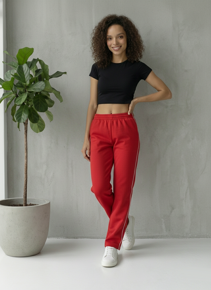 Damen Trainingshose in Rot mit feinen weißen Seitenstreifen