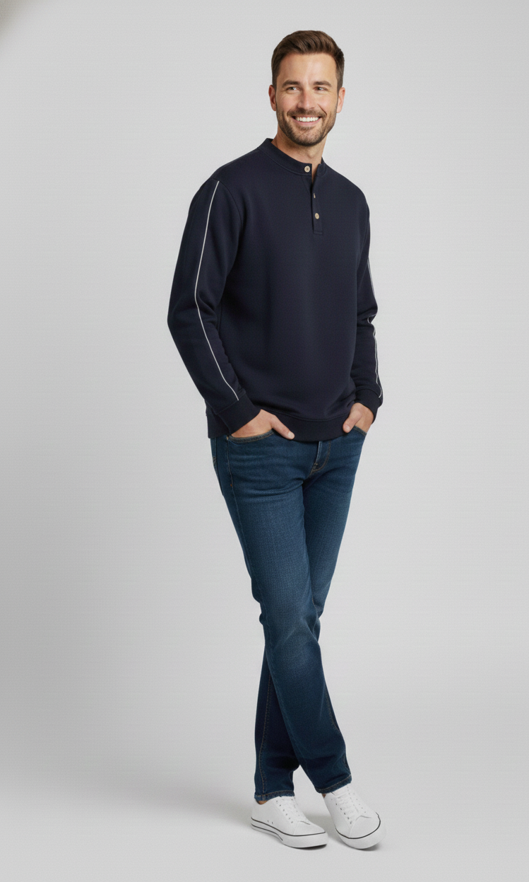 Unisex Langarmshirt – Dunkelblau mit weißen Kontraststreifen