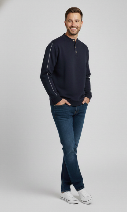 Unisex Langarmshirt – Dunkelblau mit weißen Kontraststreifen