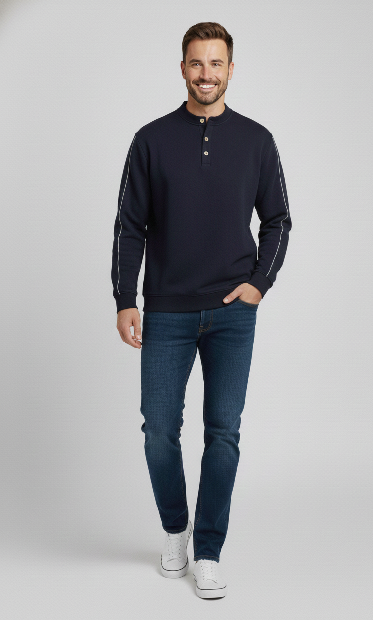 Unisex Langarmshirt – Dunkelblau mit weißen Kontraststreifen