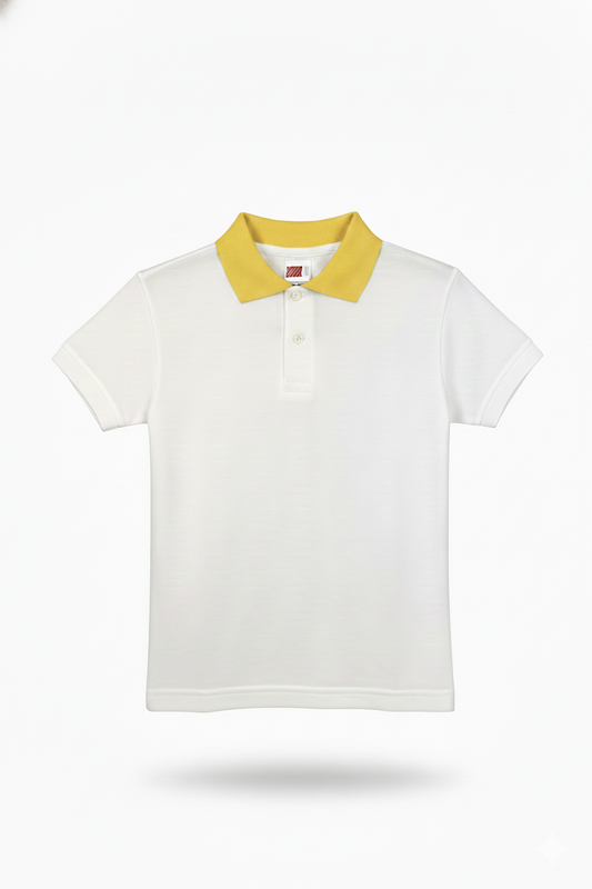 Kinder Polo-Shirt – Weiß mit gelbem Kragen