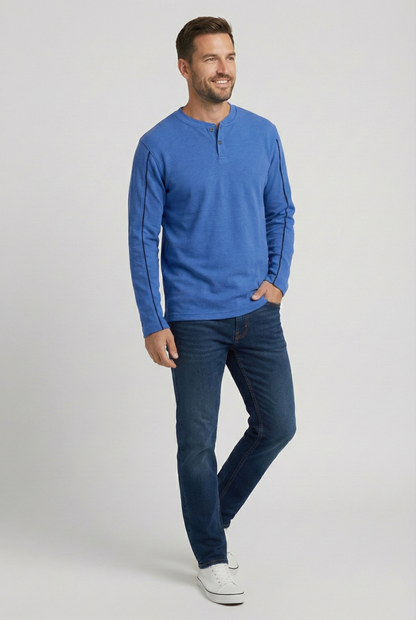 Unisex Pullover – Blau mit Knopfleiste und schwarzer Ziernaht