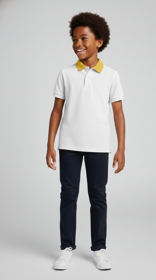 Kinder Polo-Shirt – Weiß mit gelbem Kragen