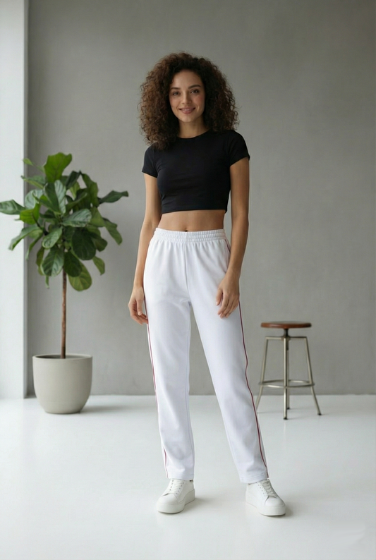 Damen Trainingshose Weiß mit rotem Seitenstreifen