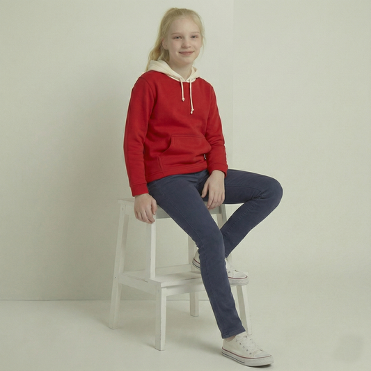 Kinder Hoodie – Rot mit cremeweißer Kapuze