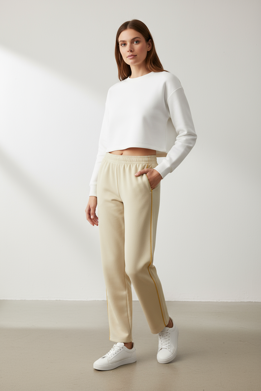 Damen Trainingshose in Beige mit gelbem Seitenstreifen