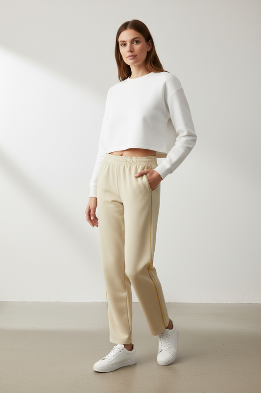 Damen Trainingshose in Beige mit gelbem Seitenstreifen