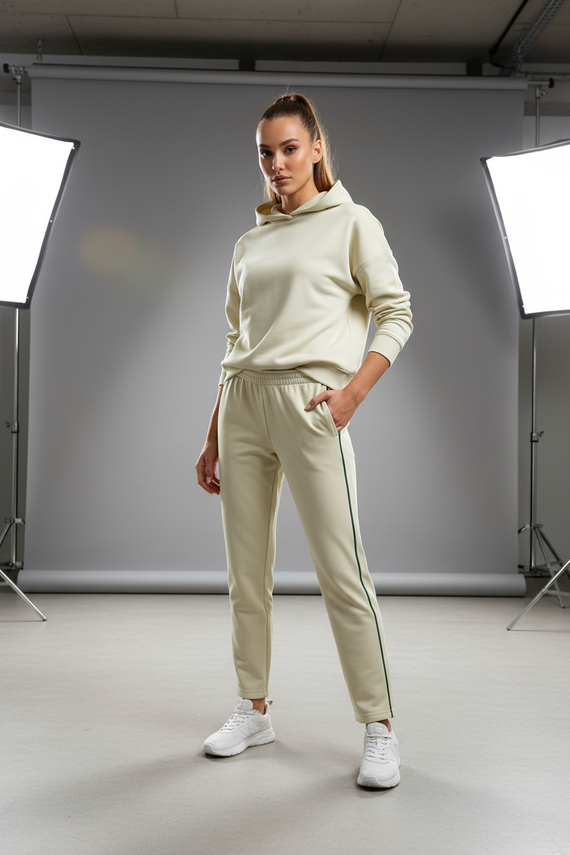 Damen Trainingshose in Beige mit grünem Seitenstreifen