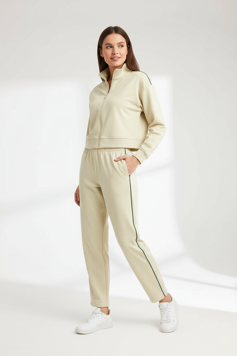 Damen Trainingshose in Beige mit grünem Seitenstreifen