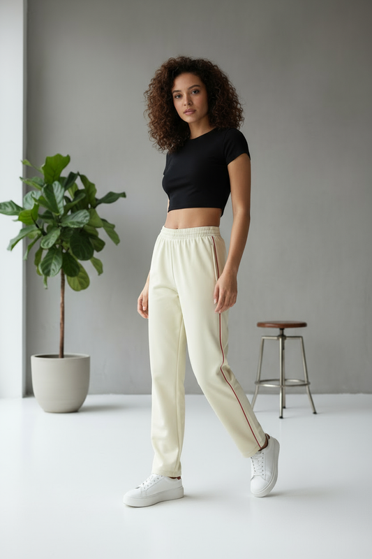Damen Trainingshose in Beige mit rotem Seitenstreifen