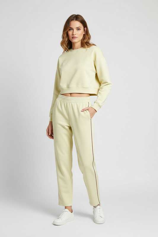 Damen Trainingshose in Beige mit weinrotem Seitenstreifen