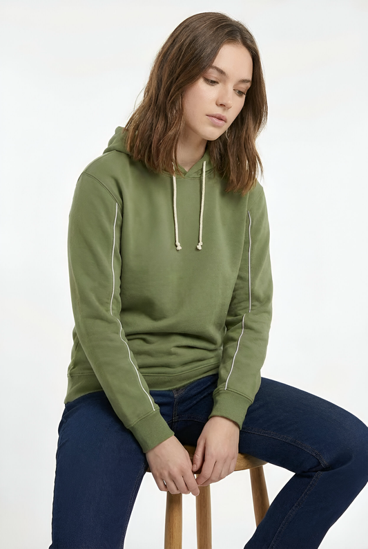 Damen Hoodie – Olivgrün mit weißen Ziernähten
