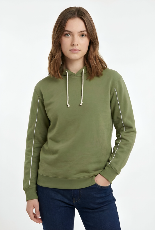 Damen Hoodie – Olivgrün mit weißen Ziernähten