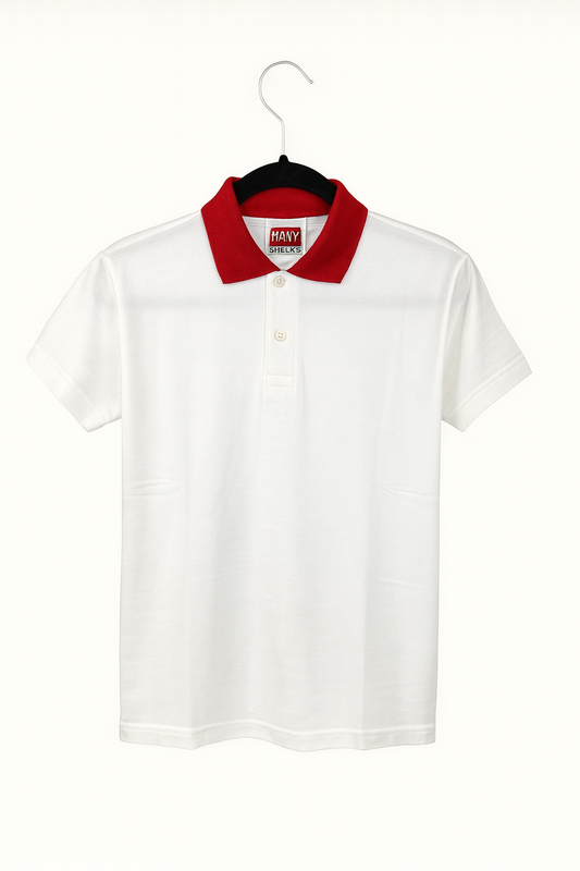 Kinder Polo-Shirt – Weiß mit rotem Kragen
