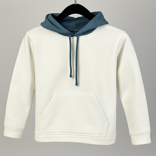 Kinder Hoodie – Weiß mit blauer Kapuze